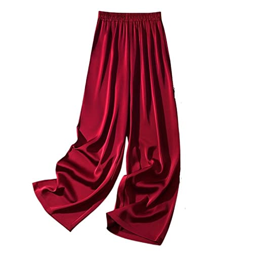 LIUYUYOUGO Stoffhose Damen, Damen-Satin-Hose Mit Weitem Bein Mode Einfarbig Stretch-Taille Gesmokte Hose Elegante Palazzo-Hose Lässige Leichte Bequeme Sommerhose Straight Leg Pants Bottoms,Burgunde von LIUYUYOUGO