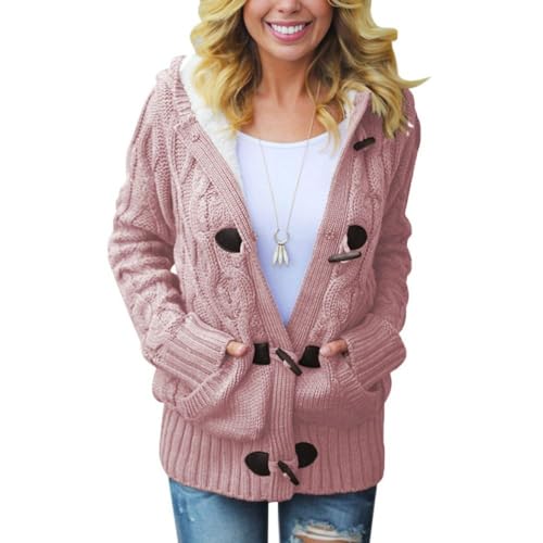 LIUYUYOUGO Grobe Strickjacken Mit Kapuze Für Damen Rosa Mit Zopfmuster Fleece Gefüttert Strickjacken Offene Vorderseite Hornschnalle Damenpullover Mantel Warme Winterjacke Strickpullover Oberbekle von LIUYUYOUGO