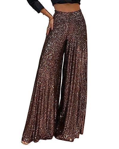 LIUYUYOUGO Wide Leg Hose Damen, Damen-Hose Mit Weitem Bein Pailletten Luxuriös Retro Glänzend Sparkle Elast Hohe Taille Palazzo-Hose Sommer Elegante Lockere Culottes-Hose Schlaghose Für Party CLU von LIROMA