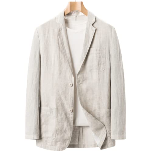 Blazer Herren,Lässiger Herren-Blazer Sommer Leinen Anzug Einreiher Lockere Passform Sportjacke Knopf Formelle Business-Anzugjacken Geeignet Für Party Datum Abschlussball Hochzeit Smoking,Beige,L von LIRU