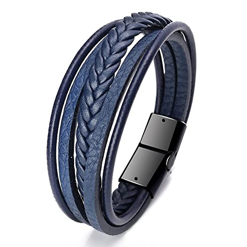 LIRU Herren Lederarmband,Herrenarmbänder Multi-Layer Retro Geflochtenes Lederarmband Schwarz Modeaccessoires Schnalle Blaues Lederarmband Charm Schmuck Für Frauen Männer Geschenk 23Cm von LIRU