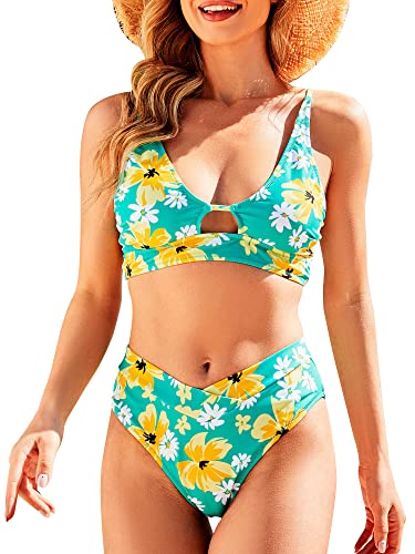 LISEFO Damen Bikini Set High Waist Bikini Push Up Badeanzug Sexy U-Ausschnitt Cut Out Bademode für Schwimmen Strand Pool-Party,Grün,L von LISEFO