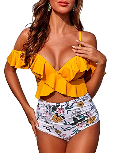 LISEFO Damen Bikini Set High Waist V Ausschnitt Bikini Push Up mit Bügel Breite Träger Badeanzug Sexy Bauchweg Rüschen Bademode Blumen für Strand Pool-Party,Gelb,L von LISEFO