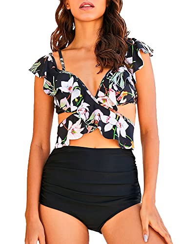 LISEFO Damen Bikini Set High Waist V Ausschnitt Bikini Push Up mit Bügel Breite Träger Badeanzug Sexy Bauchweg Rüschen Bademode Blumen für Strand Pool-Party,Schwarz,XL von LISEFO