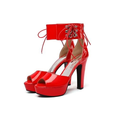 LISYIIZ Damen SS1025 Sandale Mit Absatz mit Klobig Niedrig Schnürsenkel Festkörper Hoch Spitze Rot - 38 EU LISYIIZ Damen SS1025 Sandale Mit Absatz mit Klobig Niedrig Schnürsenkel Festkörper Hoch Spitze Rot - 38 EU von LISYIIZ