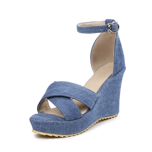 LISYIIZ Damen SS1038 Sandale mit Keilabsatz Niedrig Adjustable Strap Schnalle Festkörper Blau - 41.5 EU LISYIIZ Damen SS1038 Sandale mit Keilabsatz Niedrig Adjustable Strap Schnalle Festkörper Blau - 41.5 EU von LISYIIZ
