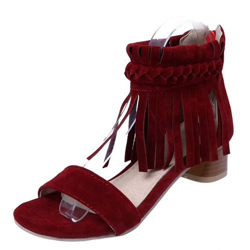 LISYIIZ Damen SS1055 Sandale mit Blockabsatz Niedrig Chain Strap Fransen Niedrig Spitze Weinrot - 40 EU LISYIIZ Damen SS1055 Sandale mit Blockabsatz Niedrig Chain Strap Fransen Niedrig Spitze Weinrot - 40 EU von LISYIIZ