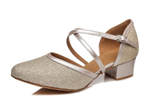 LITNERMIA Damen Geschlossener Zehen Glitzer Synthetik Latein Tango Ballsaal Moderne Tanzschuhe Party Pumps Schuhe,Champagner 3.5cm Absatz,37 EU von LITNERMIA