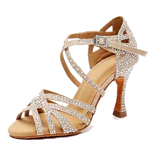 LITNERMIA Damen Hochzeit Party Sandalen Peep Toe Kreuz Riemen Strass Tango Ballsaal Latein Tanzschuhe, Champagner 9cm Absatz,37 EU von LITNERMIA