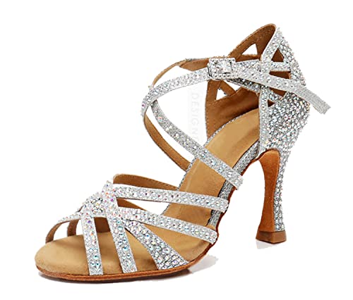 LITNERMIA Damen Hochzeit Party Sandalen Peep Toe Kreuz Riemen Strass Tango Ballsaal Latein Tanzschuhe, Silber 9cm Absatz,39 EU von LITNERMIA