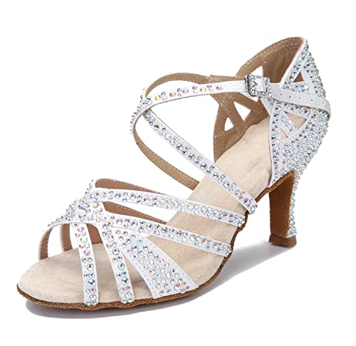 LITNERMIA Damen Hochzeit Party Sandalen Peep Toe Kreuz Riemen Strass Tango Ballsaal Latein Tanzschuhe, Weiß 7.5cm Absatz,35 EU von LITNERMIA