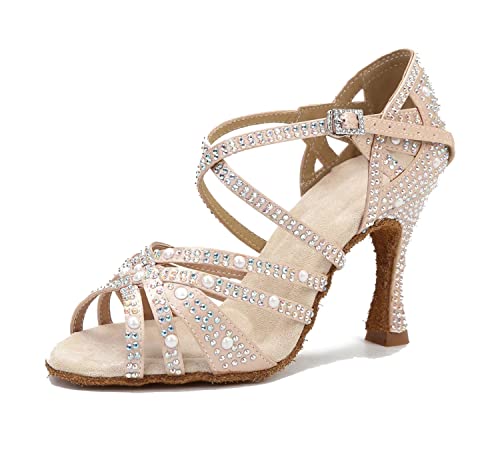 LITNERMIA Damen Hochzeit Party Sandalen Peep Toe Kreuz Riemen Strass Tango Ballsaal Latein Tanzschuhe, Beige C 9cm Absatz,35.5 EU von LITNERMIA