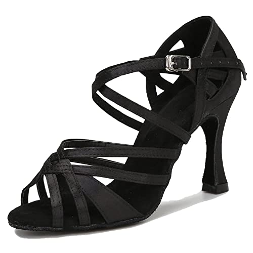 LITNERMIA Damen Hochzeit Party Sandalen Peep Toe Kreuz Riemen Tango Ballsaal Latein Tanzschuhe, LA1204D Schwarz 9cm Absatz,38.5 EU von LITNERMIA