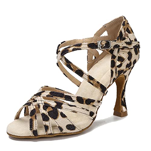 LITNERMIA Damen Hochzeit Party Sandalen Peep Toe Kreuz Riemen Tango Ballsaal Latein Tanzschuhe, LA1204D Leopard 9cm Absatz,35.5 EU von LITNERMIA