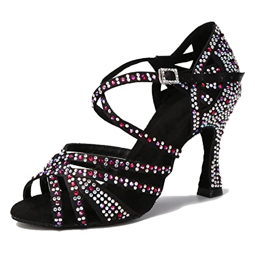 LITNERMIA Damen Hochzeit Party Sandalen Peep Toe Kreuz Riemen Strass Tango Ballsaal Latein Tanzschuhe, Schwarz B 9cm Absatz,39.5 EU von LITNERMIA