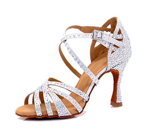 LITNERMIA Damen Hochzeit Party Sandalen Peep Toe Kreuz Riemen Strass Tango Ballsaal Latein Tanzschuhe, Silber Weiß 9cm Absatz,35.5 EU von LITNERMIA
