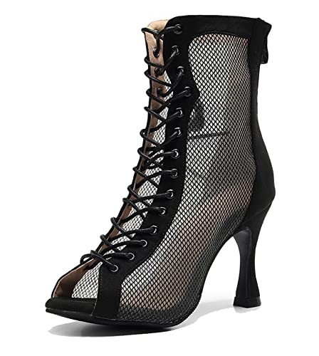 LITNERMIA Damen Knöchel Tanzstiefel Party Performance Ballsaal Schnürschuh Mesh Latein Tanzen Peep Toe Schuhe, Al443 Schwarz 9 cm Absatz, 38.5 EU von LITNERMIA