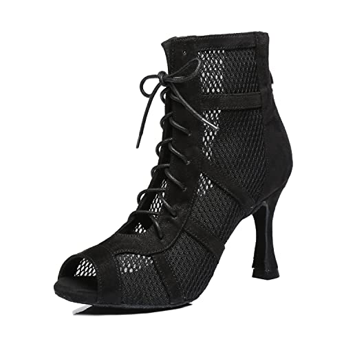 LITNERMIA Damen Knöchel Tanzstiefel Party Performance Ballsaal Schnürschuh Mesh Latein Tanzen Peep Toe Schuhe, Al446a Schwarz 9 cm Absatz, 35.5 EU von LITNERMIA