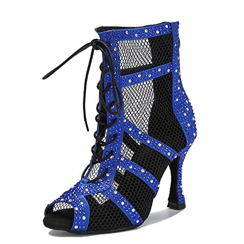 LITNERMIA Damen Knöchel Tanzstiefel Party Performance Ballsaal Schnürschuh Mesh Latein Tanzen Peep Toe Schuhe, Al446b Blau 9 cm Absatz, 36 EU von LITNERMIA