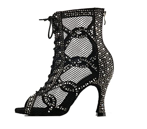 LITNERMIA Damen Knöchel Tanzstiefel Party Performance Ballsaal Schnürschuh Mesh Latein Tanzen Peep Toe Schuhe, Al464a Schwarz 9 cm Absatz, 38.5 EU von LITNERMIA