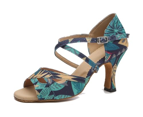 LITNERMIA Damen Knöchelriemchen Blumendruck Tanzschuhe Hochzeit Party Sandalen Tango Ballsaal Latein Tanzschuhe,AL519 Blau 8cm Absatz,38 EU von LITNERMIA