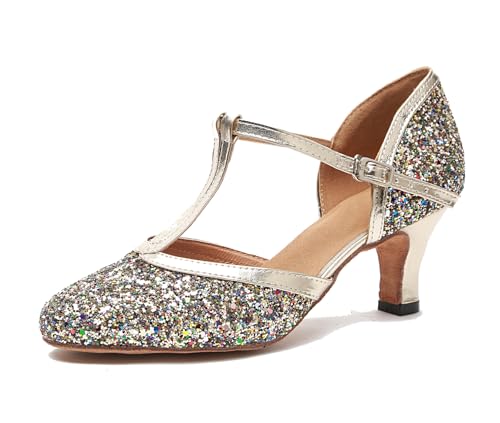 LITNERMIA Damen Mesh Glitzer Latein Tanzschuhe Modern Prom Geschlossene Zehen Pumps,L268 Gold 6cm Absatz,36.5 EU von LITNERMIA