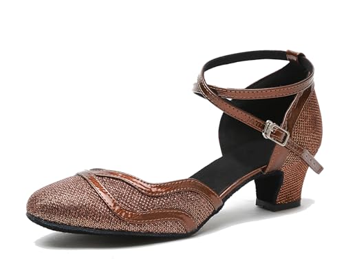 LITNERMIA Damen Mesh Glitzer Latein Tanzschuhe Modern Prom Geschlossene Zehen Pumps,L271 Braun 5cm Absatz,41.5 EU von LITNERMIA