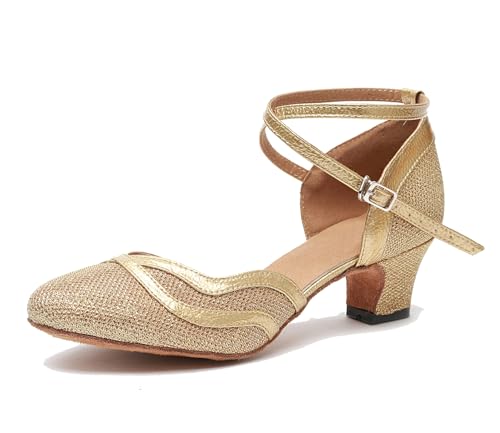 LITNERMIA Damen Mesh Glitzer Latein Tanzschuhe Modern Prom Geschlossene Zehen Pumps,L271 Gold 5cm Absatz,39.5 EU von LITNERMIA
