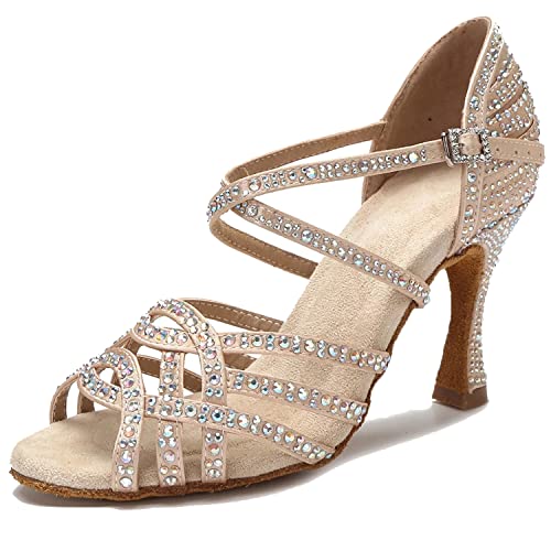 LITNERMIA Damen Peep Toe Nieten Strass Hochzeit Party Sandalen Tango Latein Tanzschuhe, B Satin Beige B 9 cm Absatz, 38 EU von LITNERMIA