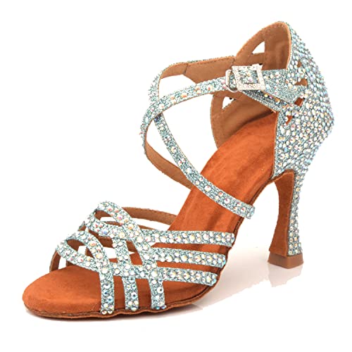 LITNERMIA Damen Peep-Toe Nieten Strass Hochzeit Party Sandalen Tango Latein Tanzschuhe, Ein glitzernder, hellblauer Absatz mit 9 cm Durchmesser, 39 EU von LITNERMIA