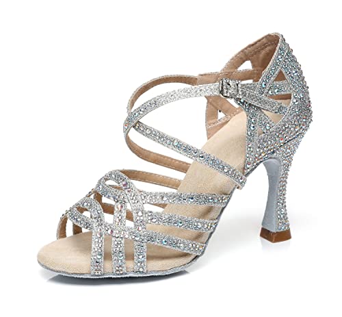 LITNERMIA Damen Peep-Toe Nieten Strass Hochzeit Party Sandalen Tango Latein Tanzschuhe, Silberner 9 cm Absatz, 39 EU von LITNERMIA