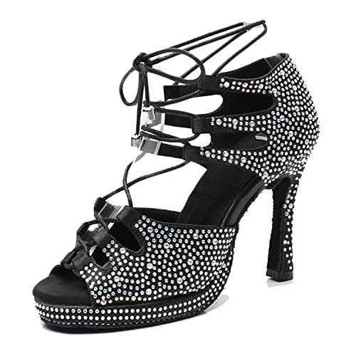 LITNERMIA Damen Schnürer Flared Heel Strass Tango Modern Latein Tanzschuhe Hochzeit Party Sandalen, Schwarze Plateau, 10cm Absatz,38 EU von LITNERMIA