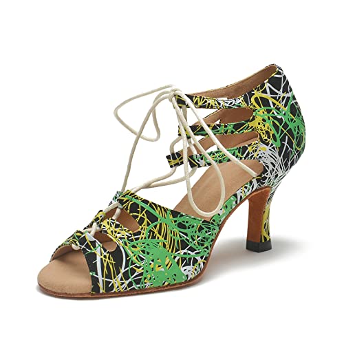 LITNERMIA Damen Schnürschuh Tango Modern Latein Tanzschuhe Hochzeit Party Sandalen, Sm012 grün-gelber Absatz 9 cm,35 EU von LITNERMIA