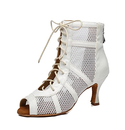 LITNERMIA Damen Schuhe Party Performance Ballsaal Schnürschuhe Mesh Latein Dance Peep Toe Knöchelstiefel, Al446a Absatz, 7, 5 cm, Weiß, 40.5 EU von LITNERMIA
