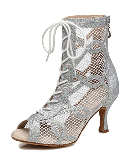 LITNERMIA Damen Schuhe Party Performance Ballsaal Schnürschuhe Mesh Latein Dance Peep Toe Tanzstiefel, Al464b Absatz, Silber, 7 5 cm,37.5 EU von LITNERMIA