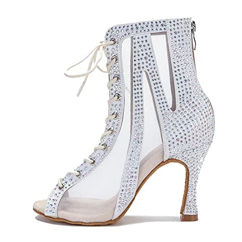 LITNERMIA Damen Schuhe Party Performance Ballsaal Schnürschuhe Mesh Latein Dance Peep Toe Tanzstiefel, Al485b Absatz, Silber, 9 cm,40.5 EU von LITNERMIA