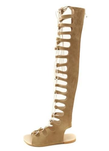 LITNERMIA Damen Sommer Overknee Hohe Stiefel Cut Out Criss Cross Riemchen Römische Gladiator Flache Sandalen, Schwarz,37 EU von LITNERMIA
