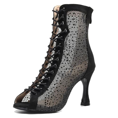 LITNERMIA Damen Tanzstiefel Party Performance Ballsaal Schnürschuhe Mesh Latein Dance Peep Toe Schuhe, Aev960 Absatz, 9 cm, Schwarz, 39 EU von LITNERMIA
