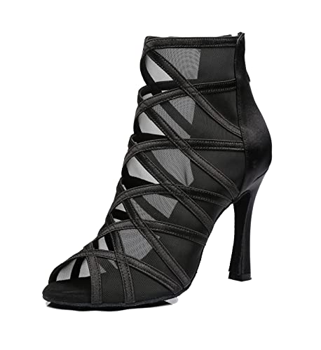 LITNERMIA Damen Knöchel Tanzstiefel Party Performance Ballsaal Schnürschuh Mesh Latein Tanzen Peep Toe Schuhe, Al445 Schwarz 10 cm Absatz, 37 EU von LITNERMIA