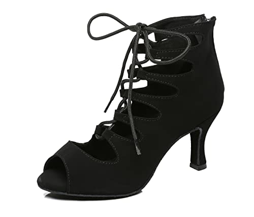 LITNERMIA Damen Tanzschuhe Schnürschuhe Midern Ballsaal Latin Boots, Al456 schwarz 7 5 cm Absatz, 39.5 EU von LITNERMIA