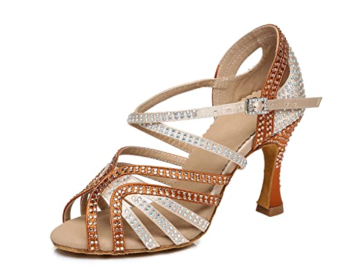 LITNERMIA Damen Tanzschuhe mit ausgestelltem Absatz Satin Strasssteine Moderne Latein Tanzschuhe,AL450 Beige Braun 9cm Absatz,42.5 EU von LITNERMIA