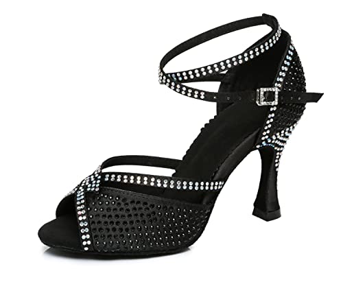 LITNERMIA Damen Tanzschuhe mit ausgestelltem Absatz Satin Strasssteine Moderne Latein Tanzschuhe,AL451 Schwarz 9cm Absatz,42 EU von LITNERMIA
