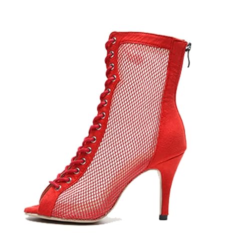 LITNERMIA Damen Tanzstiefel Party Performance Ballsaal Schnürschuhe Mesh Latein Dance Peep Toe Schuhe, Al443 Absatz, Größe 8, 5 cm, Rot, 38 EU von LITNERMIA