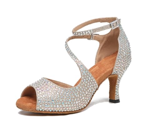 LITNERMIA Lateinische Strass Glitzer Tanzschuhe Damen Braut Sandalen Salsa Latein Hochzeit Party Schuhe,AL522 Champagne 7.5cm Absatz,36 EU von LITNERMIA