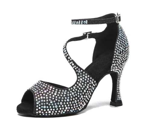 LITNERMIA Lateinische Strass Glitzer Tanzschuhe Damen Braut Sandalen Salsa Latein Hochzeit Party Schuhe,AL522 Schwarz 9cm Absatz,35.5 EU von LITNERMIA
