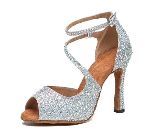 LITNERMIA Lateinische Strass Glitzer Tanzschuhe Damen Braut Sandalen Salsa Latein Hochzeit Party Schuhe,AL522 Silber 10cm Absatz,40 EU von LITNERMIA