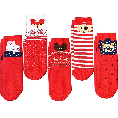 LITOON 5 Paare Weihnachtssocken Kinder Weihnachtssocken Unisex Crew Baumwollsocken für Kinder von 1-3/3-5/6-8/9-12 Jahren Jungen und Mädchen (DE/NL/SE/PL, Alter, 1 Jahr, 3 Jahre, Regular, SET02) von LITOON