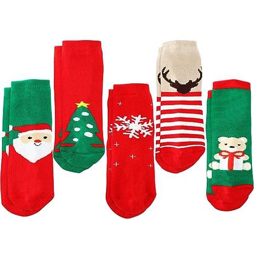 LITOON 5 Paare Weihnachtssocken Kinder Weihnachtssocken Unisex Crew Baumwollsocken für Kinder von 1-3/3-5/6-8/9-12 Jahren Jungen und Mädchen (DE/NL/SE/PL, Alter, 3 Jahr, 5 Jahre, Regular, SET05) von LITOON