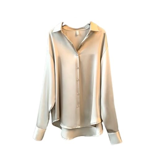 Hemdbluse Damen, Damen Casual Tops Shirts Bluse Temperament Plain Satin V-Ausschnitt Shirt Tops Elegante Langarm Button-Down-Blusen Büroarbeitsblusen Tops Für Damen Mädchen,Champagner,M von QCJQSH