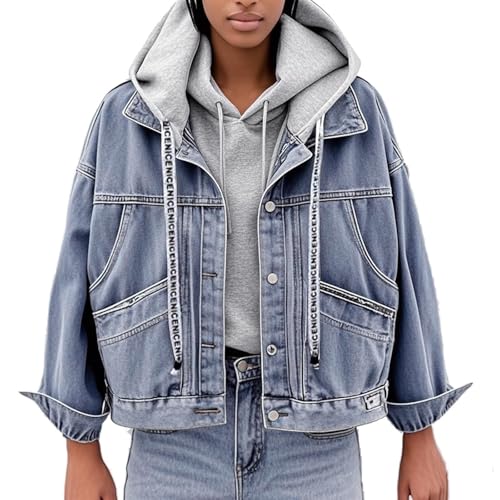Damen Jeansjacke, Damen-Jeansjacke Modische Blaue Abnehmbare Kapuzen-Langarm-Jeans-Trucker-Jacke Mit Vintage-Lose-Waschung Faded Denim Coat Spring Transition Casual Outwear (XL) von SSLLH